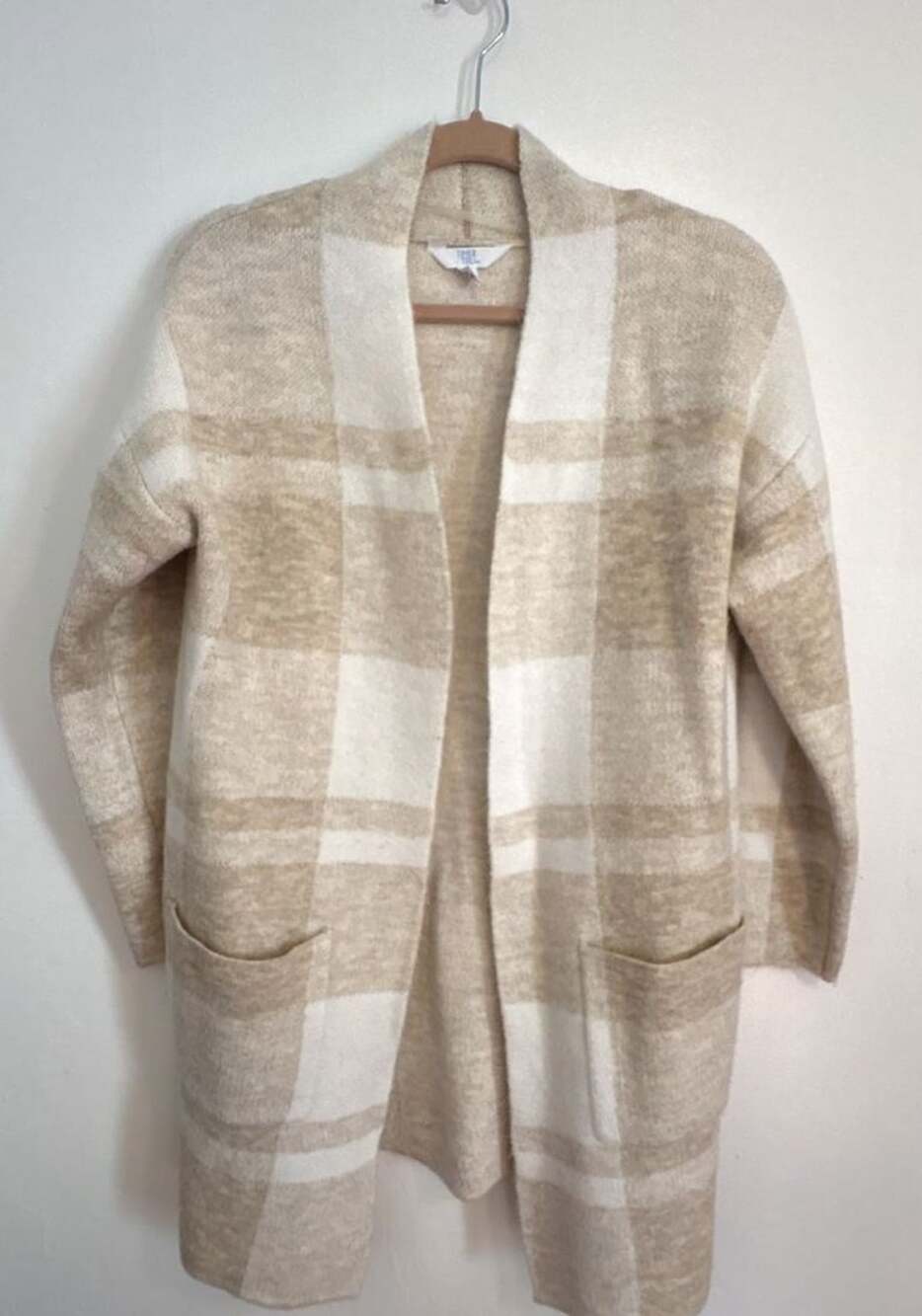 Time and Tru Long Plaid Cardigan Women’s Beige Cream Taupe Fall Sweater Pockets